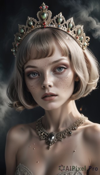 1girl,solo,breasts,looking at viewer,short hair,bangs,blue eyes,blonde hair,dress,cleavage,bare shoulders,jewelry,medium breasts,collarbone,upper body,earrings,small breasts,parted lips,teeth,artist name,necklace,mole,lips,grey eyes,eyelashes,strapless,tiara,crown,gem,strapless dress,smoke,freckles,realistic,body freckles,simple background,brown hair,black background,portrait,mole on breast,dark background,mole on cheek