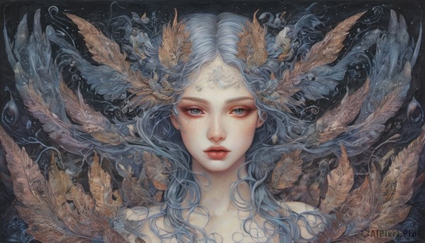 1girl,solo,long hair,looking at viewer,blue eyes,hair ornament,closed mouth,blue hair,upper body,grey hair,wings,lips,grey eyes,eyelashes,floating hair,wavy hair,facial mark,feathers,head wings,portrait,freckles,realistic,red lips,bare shoulders,water,makeup