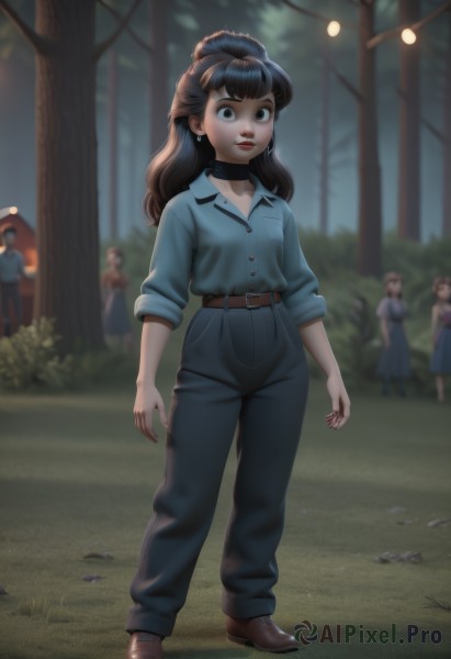 1girl,long hair,looking at viewer,bangs,multiple girls,brown hair,shirt,black hair,dress,brown eyes,jewelry,closed mouth,standing,full body,earrings,outdoors,shoes,solo focus,choker,collared shirt,belt,pants,artist name,signature,hair bun,blurry,tree,lips,fingernails,makeup,night,depth of field,blurry background,brown footwear,black pants,single hair bun,ring,thick eyebrows,grass,blue shirt,denim,lipstick,child,nature,buckle,sleeves rolled up,forest,pocket,jeans,belt buckle,red lips,female child,brown belt,breast pocket,4girls,black choker