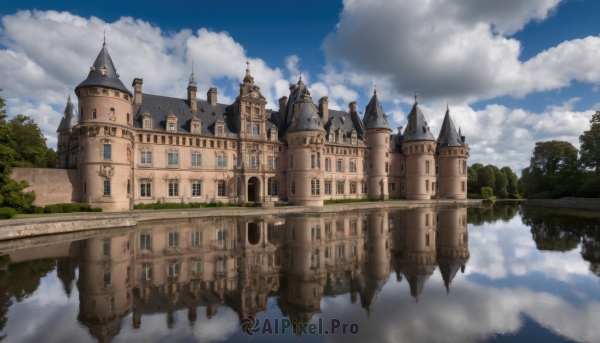 outdoors,sky,day,cloud,water,tree,blue sky,no humans,window,cloudy sky,building,nature,scenery,reflection,fantasy,architecture,bridge,river,castle,tower,floating,flying,arch,reflective water,floating island,above clouds