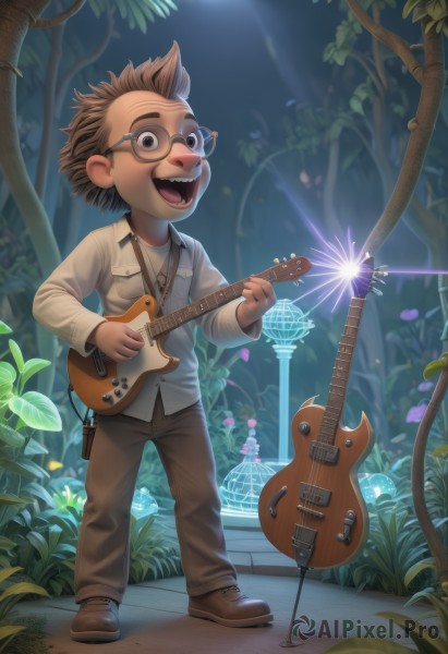 solo,smile,open mouth,brown hair,shirt,1boy,brown eyes,standing,full body,flower,male focus,outdoors,shoes,glasses,teeth,pants,tree,leaf,brown footwear,plant,instrument,child,nature,furry,forest,music,guitar,furry male,male child,brown pants,mushroom,playing instrument,holding instrument,buck teeth,looking at viewer,long sleeves,holding,white shirt,:d,artist name,vest,night,watermark,sunlight,grass,spiked hair,pocket,brown jacket,light rays,light,breast pocket,electric guitar,spotlight,stage lights,plectrum