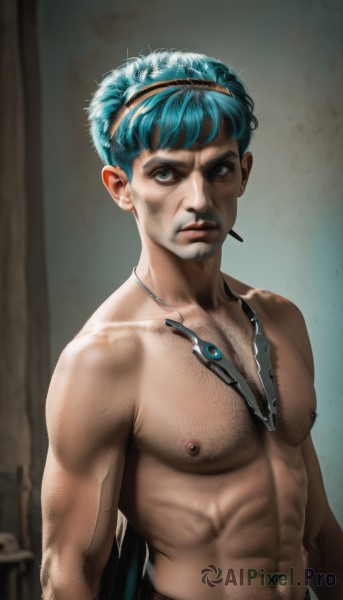 solo,looking at viewer,short hair,blue eyes,1boy,navel,jewelry,closed mouth,nipples,blue hair,upper body,male focus,hairband,necklace,blurry,lips,muscular,facial hair,abs,pectorals,veins,topless male,realistic,nose,cyborg,dirty,aqua hair,muscular male,android,dirty face