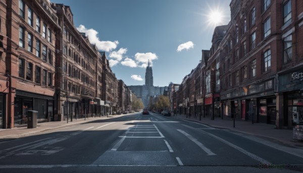 outdoors,sky,day,cloud,tree,blue sky,no humans,window,sunlight,cloudy sky,ground vehicle,building,scenery,motor vehicle,city,sign,sun,car,road,cityscape,lamppost,street,skyscraper,road sign,traffic light,crosswalk,real world location,vanishing point,sidewalk,storefront