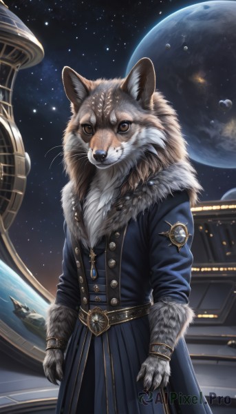 solo,looking at viewer,long sleeves,brown eyes,jewelry,standing,jacket,cowboy shot,sky,belt,coat,fur trim,no humans,buttons,animal,moon,brooch,gem,star (sky),claws,furry,buckle,pendant,starry sky,arms at sides,space,body fur,animal focus,planet,whiskers,earth (planet),clothed animal,gloves,1boy,animal ears,closed mouth,male focus,teeth,fangs,fur collar,double-breasted,furry male,fur-trimmed coat,blue coat