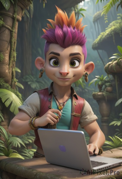 solo,looking at viewer,smile,short hair,shirt,1boy,brown eyes,jewelry,closed mouth,green eyes,yellow eyes,upper body,pink hair,purple hair,short sleeves,male focus,multicolored hair,earrings,outdoors,day,necklace,orange hair,vest,bracelet,two-tone hair,tree,leaf,ring,plant,spiked hair,child,nature,forest,computer,male child,vines,laptop,1girl,artist name,watermark,web address,pendant,freckles,very short hair