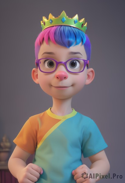 solo,looking at viewer,smile,short hair,simple background,shirt,1boy,closed mouth,blue hair,upper body,pink hair,purple hair,male focus,multicolored hair,glasses,blurry,black eyes,two-tone hair,crown,t-shirt,child,clenched hands,personification,male child,brown eyes,artist name,nail polish,realistic,purple-framed eyewear,rainbow hair