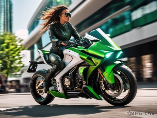 1girl,solo,long hair,brown hair,gloves,jacket,boots,outdoors,day,black gloves,dark skin,black footwear,blurry,dark-skinned female,lips,bodysuit,floating hair,blurry background,sunglasses,ground vehicle,building,motor vehicle,city,motion blur,road,riding,leather,motorcycle,street,very dark skin,leather jacket,biker clothes,bikesuit,aviator sunglasses,on motorcycle,pants,depth of field,science fiction