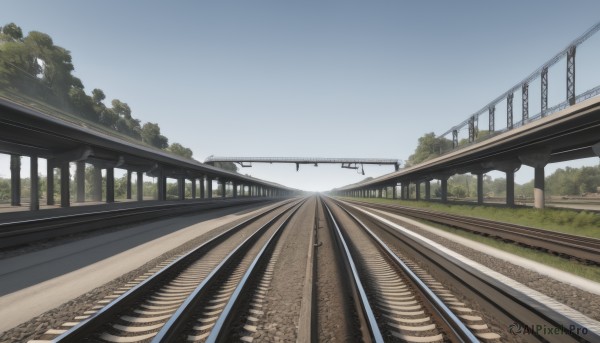 outdoors,sky,day,cloud,tree,blue sky,no humans,grass,building,scenery,railing,road,bridge,train station,railroad tracks,real world location,sunlight,ground vehicle,fence,train