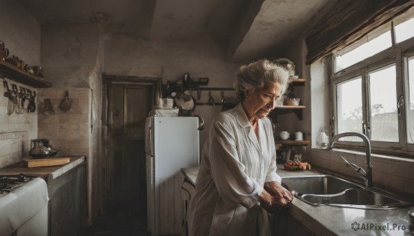 solo,shirt,long sleeves,1boy,closed mouth,white shirt,white hair,grey hair,male focus,food,horns,collared shirt,indoors,water,cup,window,facial hair,chair,own hands together,plate,reflection,realistic,tiles,bathroom,old,bathtub,old man,tile wall,kitchen,sink,faucet,cabinet,1girl,short hair,sitting,knife,cooking,frying pan,old woman,stove,wrinkled skin,cutting board