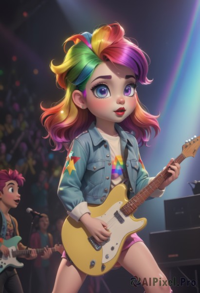 long hair,blush,smile,short hair,multiple girls,skirt,blonde hair,shirt,long sleeves,1boy,holding,2girls,jewelry,standing,purple eyes,jacket,white shirt,pink hair,purple hair,red hair,multicolored hair,earrings,parted lips,green hair,open clothes,solo focus,pants,artist name,3girls,miniskirt,star (symbol),nail polish,orange hair,blurry,two-tone hair,open jacket,lips,eyelashes,gradient hair,makeup,blurry background,piercing,denim,lipstick,instrument,child,microphone,personification,pink skirt,nose,music,guitar,red lips,female child,stud earrings,leather,singing,print shirt,playing instrument,holding instrument,electric guitar,crowd,stage,bass guitar,spotlight,keyboard (instrument),stage lights,plectrum,denim jacket,rainbow hair,concert,1girl,looking at viewer,open mouth,blue eyes,watermark,web address,male child