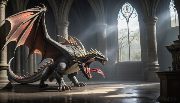 HQ,solo,open mouth,red eyes,tail,wings,teeth,tongue,indoors,tongue out,tree,no humans,window,glowing,fangs,sunlight,sharp teeth,claws,spikes,monster,light rays,dragon,scales,sunbeam,pillar,church,arch,horns,statue