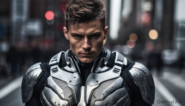 solo,looking at viewer,brown hair,1boy,brown eyes,closed mouth,upper body,male focus,dark skin,armor,blurry,depth of field,blurry background,facial hair,science fiction,realistic,stubble,manly,power armor,cyberpunk,short hair,black hair,outdoors,bodysuit,portrait,road,street