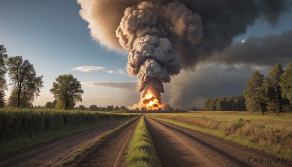 outdoors,sky,day,cloud,tree,blue sky,no humans,cloudy sky,grass,fire,ground vehicle,nature,scenery,forest,smoke,mountain,road,bush,explosion,burning,railroad tracks,realistic