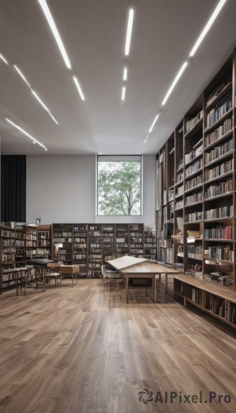 day,indoors,tree,cup,book,no humans,window,chair,table,sunlight,bottle,plant,curtains,scenery,desk,reflection,wooden floor,bookshelf,lamp,stool,shelf,book stack,ceiling,carpet,ceiling light,reflective floor,library