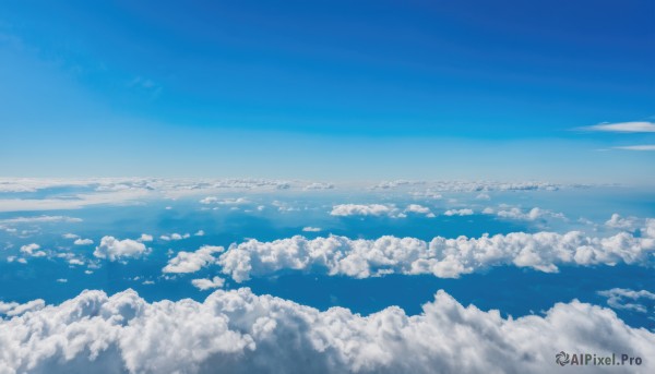 monochrome,outdoors,sky,day,cloud,blue sky,no humans,ocean,cloudy sky,scenery,blue theme,horizon,landscape,above clouds,signature