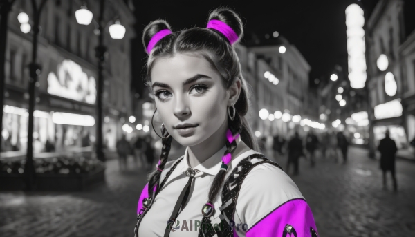 1girl,solo,long hair,looking at viewer,smile,shirt,jewelry,closed mouth,monochrome,upper body,braid,greyscale,heart,multicolored hair,earrings,outdoors,necktie,solo focus,collared shirt,dark skin,hair bun,blurry,twin braids,dark-skinned female,lips,double bun,blurry background,suspenders,armband,spot color,hoop earrings,city,multiple braids,breasts,medium breasts,official alternate costume,makeup,night,depth of field,eyeshadow,road,hair behind ear,street