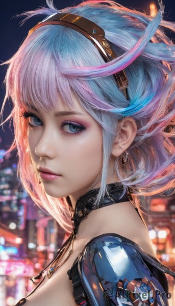 1girl,solo,breasts,looking at viewer,short hair,bangs,blue eyes,jewelry,medium breasts,closed mouth,blue hair,upper body,pink hair,multicolored hair,hairband,earrings,choker,necklace,mole,blurry,from side,lips,eyelashes,makeup,depth of field,blurry background,mole under mouth,eyeshadow,realistic,nose,mascara,cleavage,sidelocks,outdoors,artist name,night,lipstick,goggles,portrait,goggles on head,pink lips,eyeliner,bokeh,cyberpunk