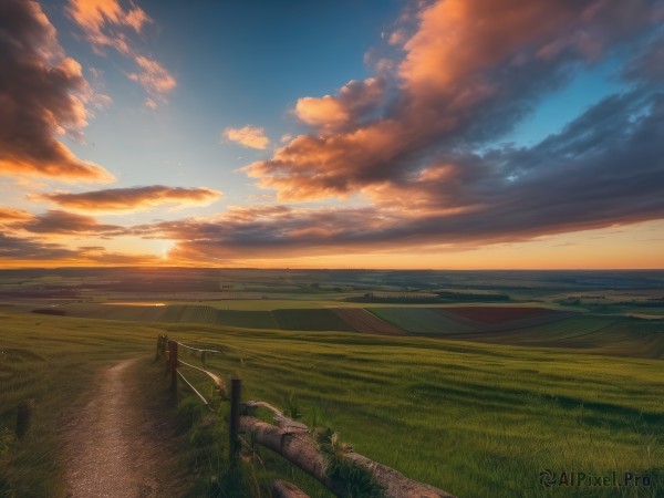 outdoors,sky,day,cloud,water,blue sky,dutch angle,no humans,ocean,sunlight,cloudy sky,grass,scenery,sunset,mountain,horizon,road,field,landscape,path,hill,plant,sun