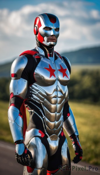 solo,gloves,1boy,standing,male focus,outdoors,sky,day,cloud,star (symbol),cape,armor,blurry,mask,blurry background,realistic,superhero,power armor,looking at viewer,helmet,science fiction,redesign