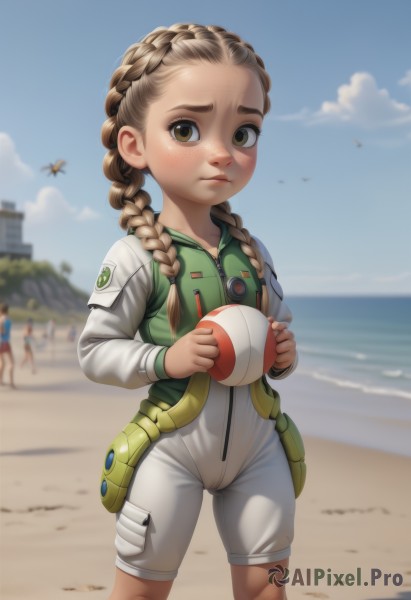 1girl,long hair,looking at viewer,multiple girls,brown hair,long sleeves,holding,brown eyes,closed mouth,braid,outdoors,sky,shorts,solo focus,day,cloud,blurry,vest,twin braids,blue sky,bodysuit,blurry background,bird,ocean,beach,child,forehead,ball,zipper,freckles,green jacket,sand,female child,green vest,white bodysuit,holding ball,solo,blush,standing,water,flat chest,lips,thick eyebrows,pocket,nose