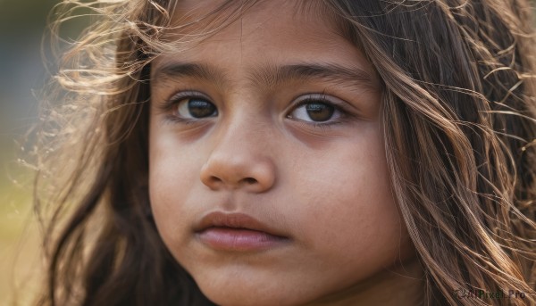 1girl,solo,long hair,looking at viewer,brown hair,brown eyes,parted lips,teeth,blurry,lips,floating hair,blurry background,wind,messy hair,portrait,close-up,realistic,nose,closed mouth,eyelashes,expressionless