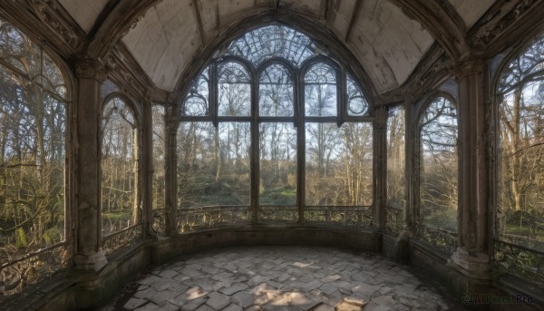 outdoors,sky,day,indoors,tree,dutch angle,no humans,window,sunlight,grass,plant,nature,scenery,forest,stairs,architecture,tile floor,ruins,pillar,stained glass,church,arch,column,vanishing point,fantasy,bare tree