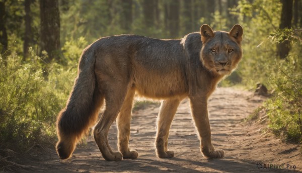 solo,looking at viewer,closed mouth,standing,full body,outdoors,day,blurry,tree,no humans,blurry background,animal,grass,plant,nature,forest,realistic,animal focus,path,signature