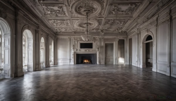 indoors,water,no humans,window,sunlight,fire,scenery,reflection,stairs,door,candle,architecture,pillar,hallway,carpet,church,arch,candlestand,reflective floor,column,chair,wooden floor,floor,chandelier,fireplace