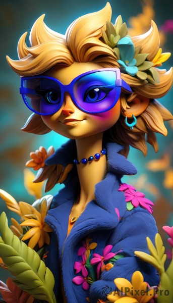 1girl,solo,breasts,looking at viewer,blush,smile,short hair,blue eyes,blonde hair,shirt,hair ornament,jewelry,closed mouth,jacket,upper body,flower,short sleeves,earrings,outdoors,parted lips,open clothes,alternate costume,artist name,signature,hair flower,necklace,blurry,lips,open shirt,makeup,depth of field,blurry background,leaf,happy,sunglasses,blue shirt,lipstick,blue jacket,furry,pink flower,eyeshadow,blue flower,yellow flower,furry female,body fur,tinted eyewear,animal nose,pearl necklace,flower necklace,blue-tinted eyewear,purple-tinted eyewear,eyelashes,spiked hair,unzipped