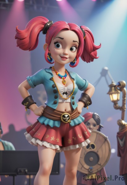 1girl,breasts,looking at viewer,smile,short hair,blue eyes,skirt,hair ornament,navel,cleavage,twintails,jewelry,medium breasts,standing,jacket,pink hair,short sleeves,red hair,earrings,small breasts,frills,parted lips,multiple boys,open clothes,solo focus,midriff,belt,2boys,necklace,nail polish,mole,blurry,black eyes,open jacket,lips,wrist cuffs,mole under eye,makeup,red skirt,frilled skirt,lipstick,short twintails,staff,wristband,instrument,child,eyeshadow,freckles,hands on hips,shield,red lips,female child,stage lights,solo,open mouth,teeth,artist name,spotlight,clown