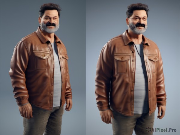 looking at viewer,short hair,simple background,shirt,black hair,long sleeves,1boy,brown eyes,standing,jacket,white shirt,male focus,open clothes,pants,grey background,open jacket,gradient,gradient background,multiple views,facial hair,denim,beard,pocket,brown jacket,jeans,mature male,realistic,mustache,arms at sides,manly,grey pants,leather,old,fat,old man,fat man,wrinkled skin,multiple boys,2boys,animification,leather jacket