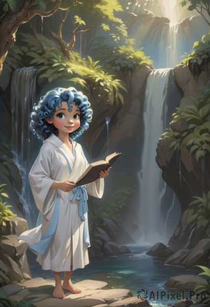 1girl,solo,looking at viewer,blush,smile,short hair,blue eyes,holding,blue hair,standing,full body,outdoors,japanese clothes,barefoot,day,wide sleeves,kimono,water,tree,lips,book,sash,sunlight,child,nature,forest,holding book,curly hair,robe,rock,open book,reading,waterfall,artist name,leaf,plant,white robe