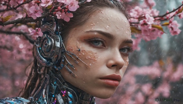 1girl, solo, looking at viewer, brown hair, closed mouth, flower, blurry, lips, wet, grey eyes, eyelashes, depth of field, blurry background, bug, cherry blossoms, portrait, science fiction, rain, realistic, nose, branch