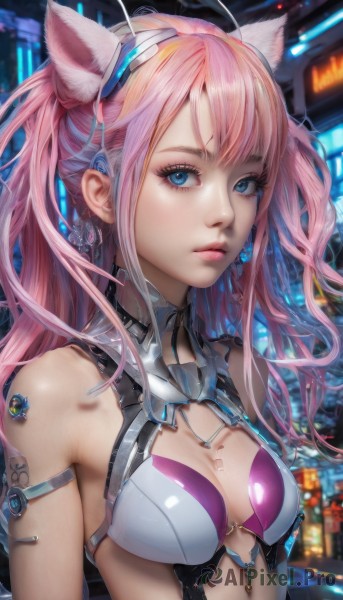 1girl,solo,long hair,breasts,looking at viewer,bangs,blue eyes,animal ears,cleavage,bare shoulders,twintails,jewelry,medium breasts,closed mouth,upper body,pink hair,hairband,earrings,small breasts,shiny,cat ears,blurry,lips,shiny skin,eyelashes,tattoo,makeup,blurry background,fake animal ears,science fiction,realistic,armlet,nose