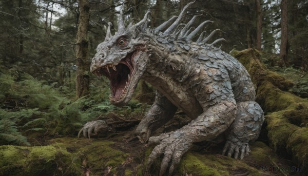 solo,open mouth,yellow eyes,outdoors,teeth,day,tree,no humans,fangs,sharp teeth,nature,scenery,claws,forest,monster,dragon,scales,ruins,moss,dinosaur,horns,fantasy