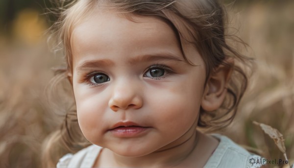 1girl,solo,long hair,looking at viewer,blue eyes,blonde hair,brown hair,closed mouth,blurry,lips,grey eyes,eyelashes,depth of field,blurry background,leaf,child,portrait,close-up,realistic,nose,female child,expressionless