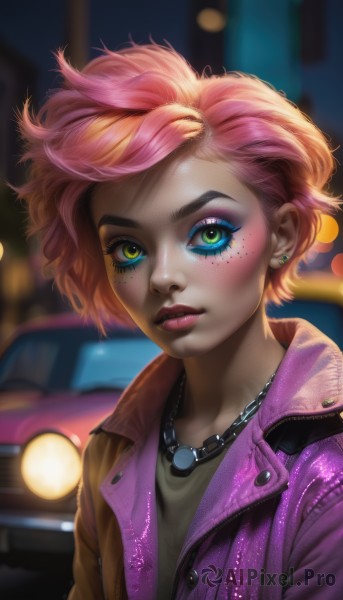 1girl,solo,looking at viewer,short hair,shirt,jewelry,green eyes,jacket,upper body,pink hair,multicolored hair,earrings,parted lips,open clothes,artist name,necklace,orange hair,blurry,two-tone hair,open jacket,lips,eyelashes,makeup,night,depth of field,blurry background,watermark,piercing,lipstick,ground vehicle,web address,motor vehicle,eyeshadow,freckles,realistic,nose,car,stud earrings,eyeliner,pink jacket,leather,mascara,blush,yellow eyes,ear piercing,multicolored eyes