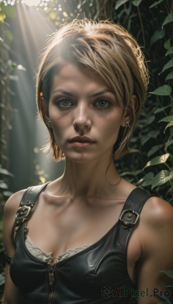 1girl,solo,breasts,looking at viewer,short hair,blonde hair,cleavage,bare shoulders,jewelry,closed mouth,green eyes,collarbone,upper body,earrings,small breasts,mole,blurry,lips,eyelashes,leaf,sunlight,plant,zipper,freckles,realistic,nose,underwear,parted lips,bra,tank top,nature,light rays,leather