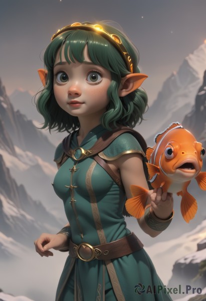 1girl,solo,breasts,looking at viewer,short hair,bangs,dress,jewelry,medium breasts,green eyes,standing,cowboy shot,hairband,small breasts,outdoors,parted lips,green hair,sky,sleeveless,pointy ears,belt,artist name,medium hair,bag,armor,blurry,lips,glowing,animal,freckles,fish,green dress,mountain,nose,red lips,brown belt,bracer,goldfish,cape,elf,realistic,holding animal