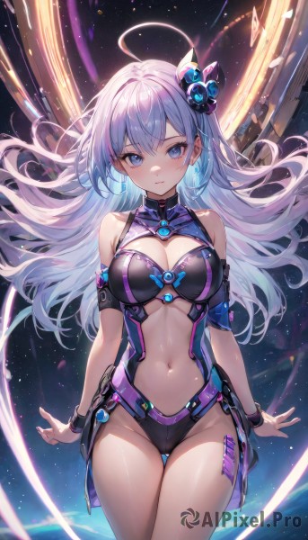 1girl,solo,long hair,breasts,looking at viewer,blush,smile,bangs,blue eyes,large breasts,hair ornament,navel,cleavage,bare shoulders,jewelry,medium breasts,closed mouth,blue hair,standing,purple hair,ahoge,white hair,thighs,multicolored hair,cowboy shot,earrings,stomach,leotard,streaked hair,groin,clothing cutout,floating hair,cameltoe,highleg,halo,thigh gap,cleavage cutout,revealing clothes,black leotard,center opening,navel cutout,turtleneck,wristband,highleg leotard,space