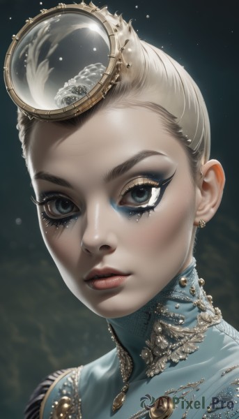 1girl,solo,looking at viewer,short hair,blue eyes,blonde hair,jewelry,closed mouth,white hair,earrings,parted lips,artist name,lips,eyelashes,bodysuit,makeup,lipstick,gem,portrait,eyeshadow,freckles,reflection,mirror,realistic,nose,red lips,eyeliner,mascara,hair ornament,single hair bun,feathers