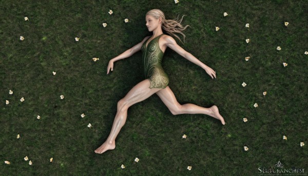 1girl,solo,long hair,blonde hair,brown hair,dress,flower,barefoot,feet,dated,legs,bare legs,grass,outstretched arms,web address,realistic,spread arms,field,smile,bare shoulders,swimsuit,full body,lying,artist name,signature,on back,flat chest,one-piece swimsuit,parody,running