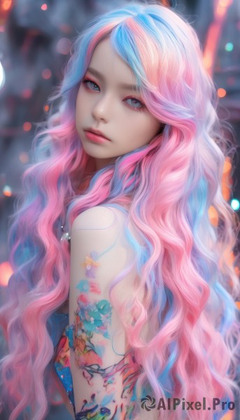 1girl,solo,long hair,looking at viewer,blue eyes,bare shoulders,jewelry,very long hair,closed mouth,blue hair,upper body,pink hair,multicolored hair,looking back,artist name,necklace,mole,blurry,two-tone hair,lips,streaked hair,mole under eye,tattoo,makeup,blurry background,wavy hair,eyeshadow,realistic,nose,arm tattoo,mascara,back tattoo,bangs,from side,grey eyes,eyelashes,depth of field,lipstick,pink lips,bokeh,flower tattoo