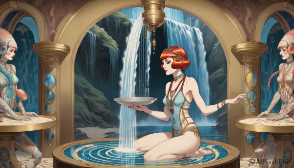 long hair,breasts,short hair,multiple girls,holding,2girls,bare shoulders,jewelry,medium breasts,sitting,swimsuit,braid,red hair,hairband,glasses,barefoot,choker,3girls,water,necklace,orange hair,bracelet,lips,makeup,table,lipstick,seiza,science fiction,red lips,neck ring,pillar,waterfall,fountain,smile,hair ornament,navel,cleavage,closed eyes,small breasts,one-piece swimsuit,book,single braid,watermark,monster girl,open book,fantasy,alien