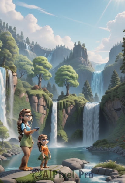 1girl,long hair,blue eyes,multiple girls,brown hair,shirt,1boy,holding,2girls,standing,braid,outdoors,sky,glasses,barefoot,day,cloud,water,bag,looking at another,tree,blue sky,phone,sunlight,backpack,cellphone,monster girl,child,nature,scenery,smartphone,furry,forest,holding phone,black-framed eyewear,rock,mountain,river,waterfall,smile,skirt,hair ornament,short sleeves,artist name,twin braids,feathers,green skirt