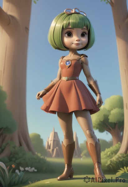 1girl,solo,looking at viewer,smile,short hair,bangs,dress,brown eyes,jewelry,closed mouth,standing,full body,flower,small breasts,boots,outdoors,green hair,sky,day,belt,blunt bangs,high heels,tree,blue sky,red dress,bob cut,grass,tiara,robot,child,android,joints,doll joints,castle,robot joints,mechanical legs,breasts,high heel boots,orange dress,humanization