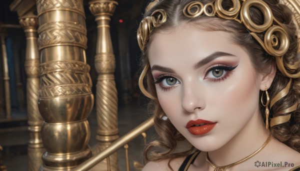 1girl,solo,long hair,looking at viewer,brown hair,hair ornament,brown eyes,jewelry,collarbone,earrings,parted lips,choker,indoors,necklace,blurry,lips,eyelashes,makeup,blurry background,lipstick,portrait,close-up,forehead,eyeshadow,curly hair,hoop earrings,realistic,red lips,eyeliner,gold,mascara,teeth,artist name,gold trim,gold choker