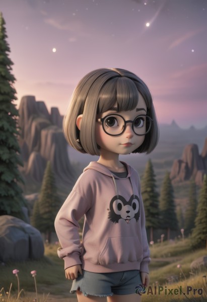 1girl,solo,looking at viewer,short hair,bangs,brown hair,black hair,long sleeves,brown eyes,closed mouth,standing,flower,cowboy shot,outdoors,sky,glasses,shorts,artist name,hood,blunt bangs,blurry,black eyes,tree,lips,sleeves past wrists,short shorts,hoodie,night,depth of field,blurry background,moon,bob cut,hood down,grass,denim,animal print,child,star (sky),nature,night sky,forest,starry sky,black-framed eyewear,blue shorts,denim shorts,rock,round eyewear,drawstring,female child,cutoffs,grey hoodie,pink hoodie,sweater,torn clothes,watermark,mountain,nose