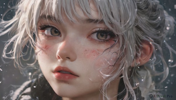 1girl,solo,looking at viewer,short hair,bangs,brown eyes,jewelry,white hair,earrings,parted lips,teeth,artist name,mole,lips,eyelashes,portrait,light particles,close-up,freckles,snowing,realistic,red lips,blurry,looking to the side,blood,makeup,messy hair,snow,blood on face,nose,mole on cheek