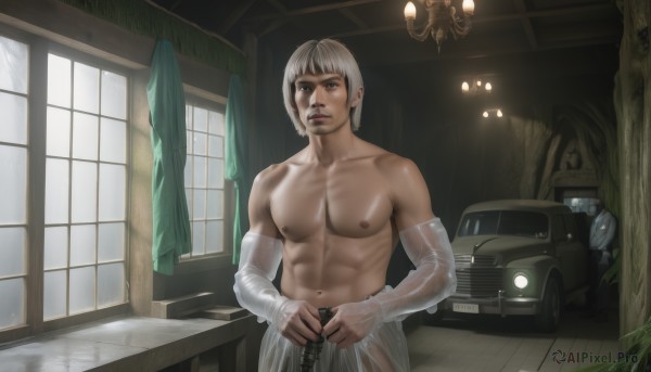 solo,looking at viewer,short hair,bangs,1boy,navel,brown eyes,nipples,weapon,white hair,grey hair,male focus,detached sleeves,pants,sword,indoors,tree,see-through,window,muscular,facial hair,parody,abs,pectorals,curtains,ground vehicle,motor vehicle,rain,topless male,realistic,car,candle,manly,gloves,elbow gloves